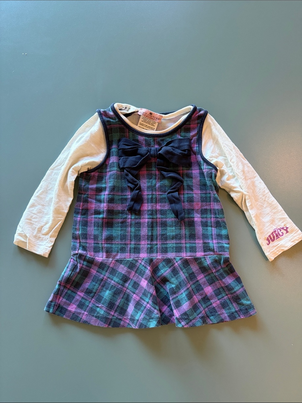 Juicy Couture Purple & Teal Plaid Dress with White Long Sleeves and Navy Bows